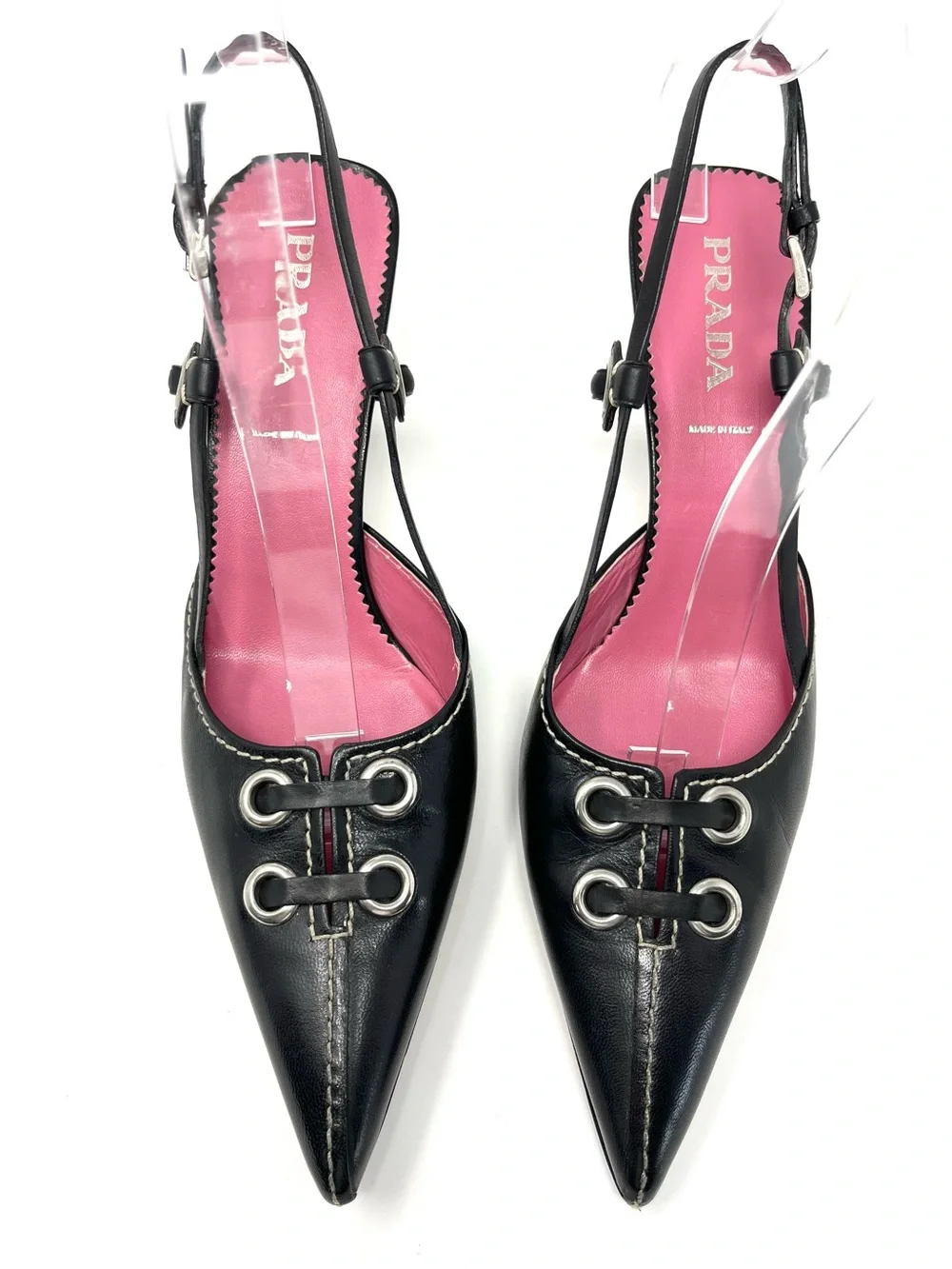 Vintage Prada 90s Black Leather Pointed Toe Grommet Slingback Kitten Heels 37.5 - Picture 2 of 10